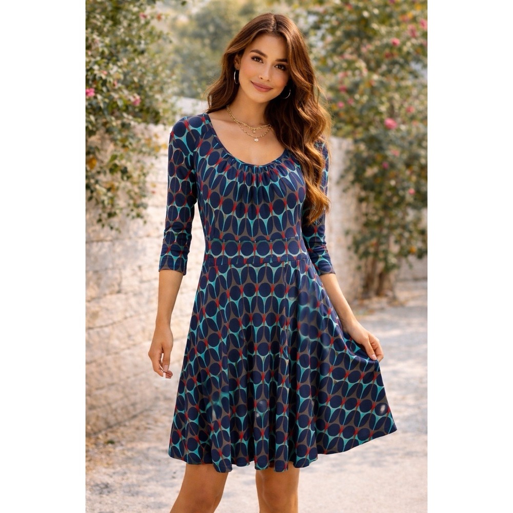 Boden Navy Blue Dress Midi 3/4 Sleeve Fit & Flare Size US 6L Stretch Tall Girl